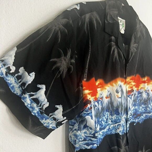 KYS Vintage 90s Hawaiian Mens Black Wild Horses Sunset Beach Short Sleeve Shirt - Picture 7 of 9
